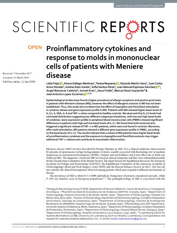 Proinflammatory cytokines and response to molds in mononuclear cells of patients with Meniere disease