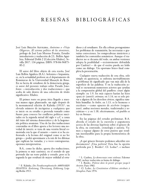 José Luis Bellón Aguilera, Anónimo o “Viejo oligarca”, El sistema político de los atenienses. Edición, estudio y traducción