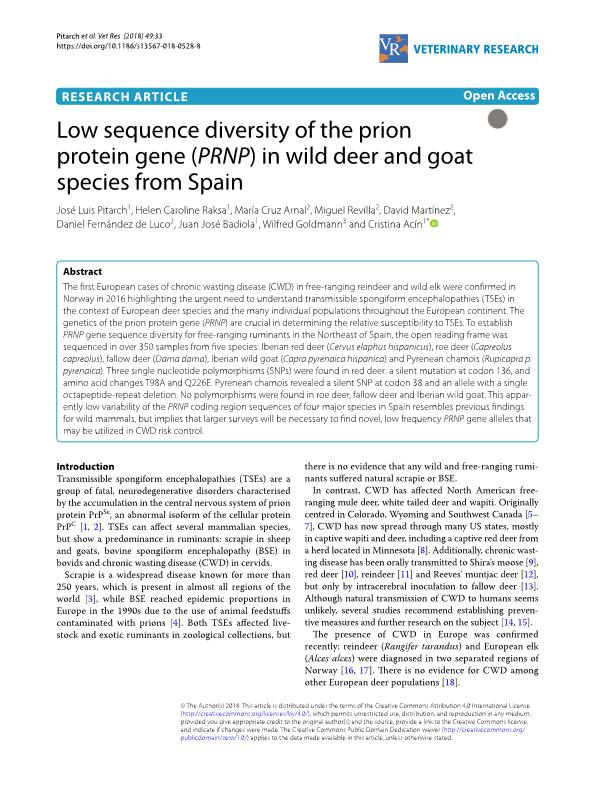 Low sequence diversity of the prion protein gene (PRNP) in wild deer and goat species from Spain