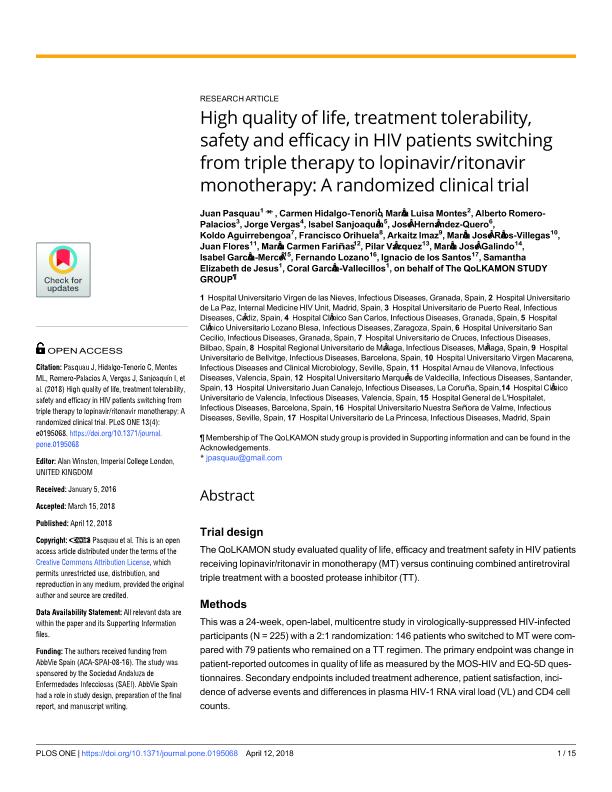 High quality of life, treatment tolerability, safety and efficacy in HIV patients switching from triple therapy to lopinavir/ritonavir monotherapy: A randomized clinical trial
