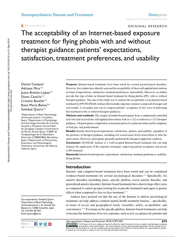 The acceptability of an internet-based exposure treatment for flying phobia with and without therapist guidance: Patients’ expectations, satisfaction, treatment preferences, and usability