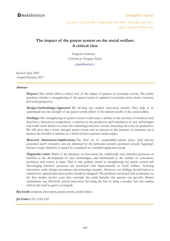 The impact of the patent system on the social welfare: A critical view