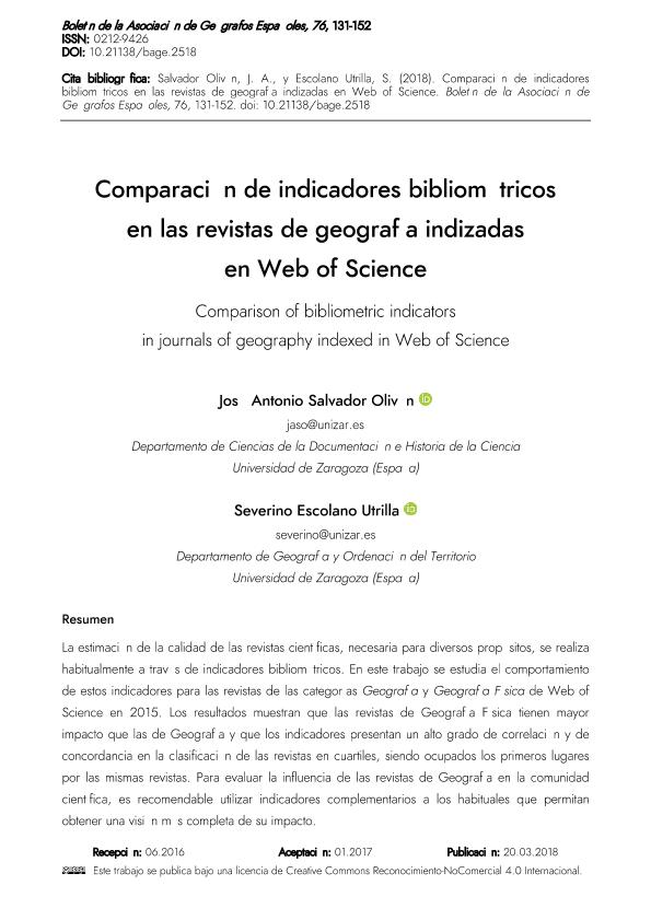 Comparación de indicadores bibliométricos en las revistas de geografía indizadas en Web of Science