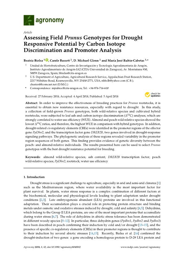 Assessing field prunus genotypes for drought responsive potential by carbon isotope discrimination and promoter analysis