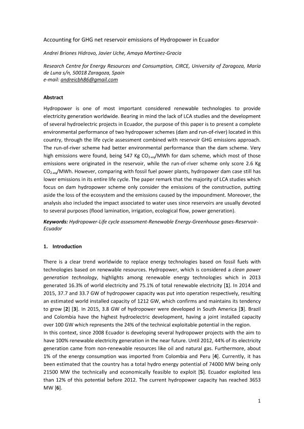 Accounting for GHG net reservoir emissions of hydropower in Ecuador