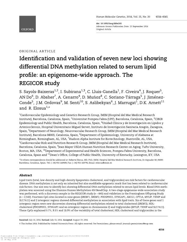 Identification and validation of seven new loci showing differential DNA methylation related to serum lipid profile: an epigenome-wide approach. The REGICOR study