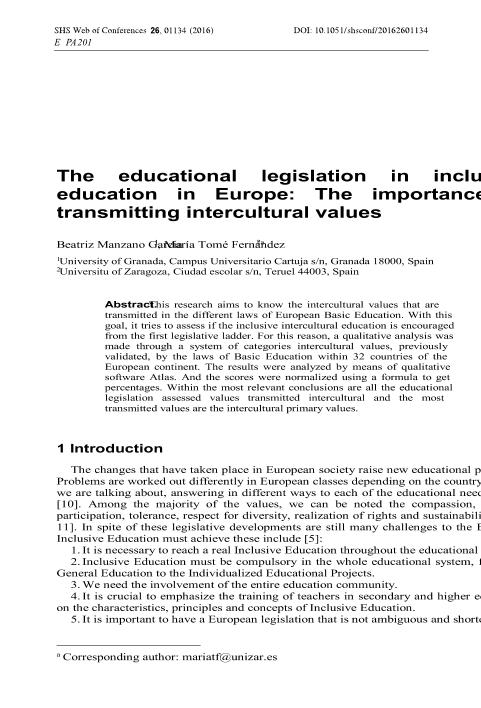 The educational legislation in inclusive education in Europe: The importance of transmitting intercultural values