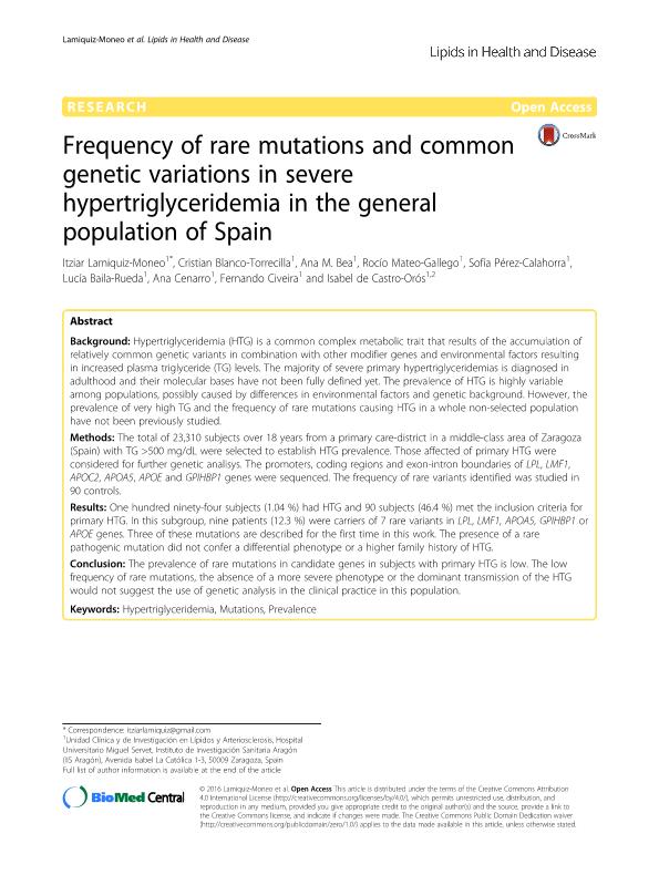 Frequency of rare mutations and common genetic variations in severe hypertriglyceridemia in the general population of Spain