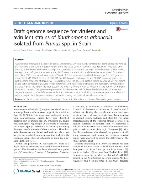 Draft genome sequence for virulent and avirulent strains of Xanthomonas arboricola isolated from Prunus spp. in Spain
