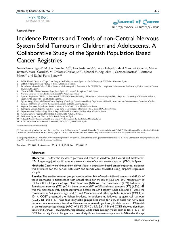 Incidence Patterns and Trends of non-Central Nervous System Solid Tumours in Children and Adolescents. A Collaborative Study of the Spanish Population Based Cancer Registries