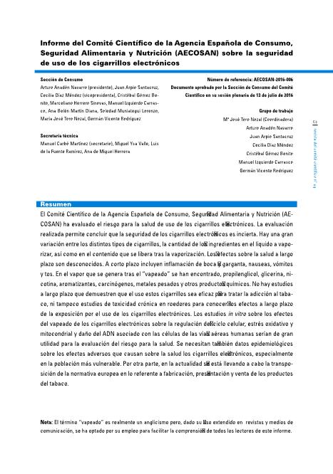 Informe del Comité Científico de la Agencia Española de Consumo, Seguridad Alimentaria y Nutrición (AECOSAN) sobre la seguridad de uso de los cigarrillos electrónicos