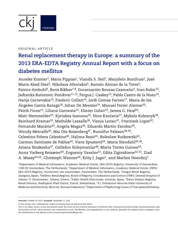 Renal replacement therapy in Europe: a summary of the 2013 ERA-EDTA Registry Annual Report with a focus on diabetes mellitus