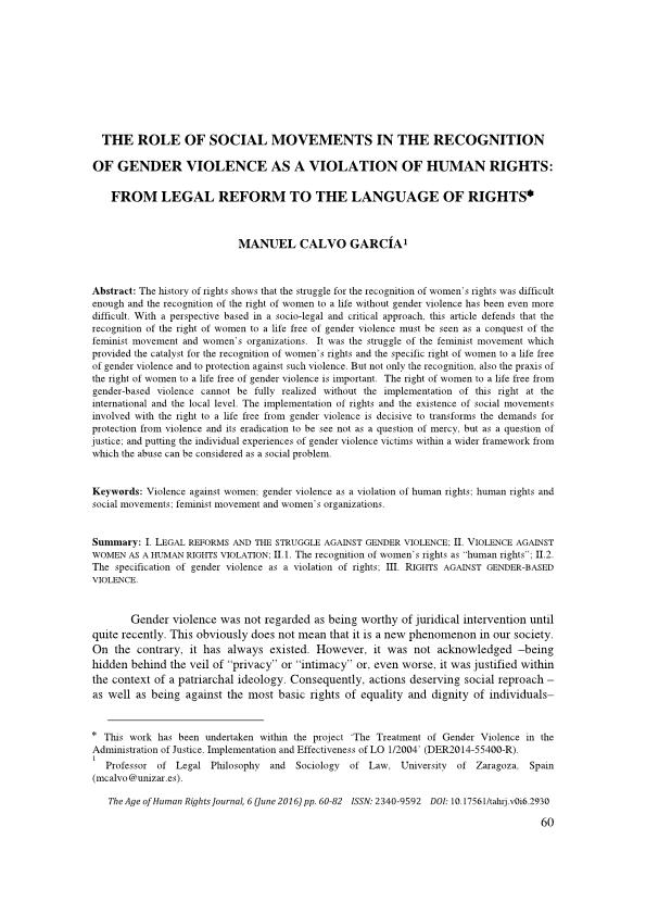 The role of social movements in the recognition of gender violence as a violation of human rights: from legal reform to the language of rights