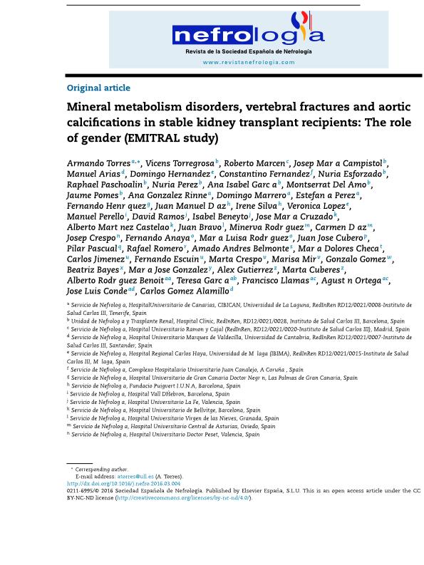 Mineral metabolism disorders, vertebral fractures and aortic calcifications in stable kidney transplant recipients: The role of gender (EMITRAL study)