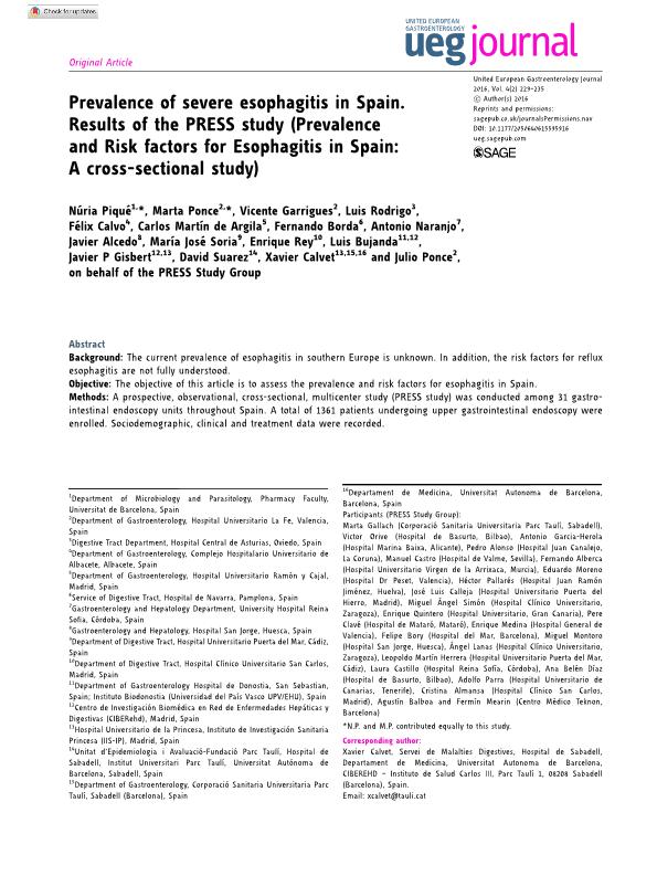 Prevalence of severe esophagitis in Spain. Results of the PRESS study (Prevalence and Risk factors for Esophagitis in Spain: A cross-sectional study)