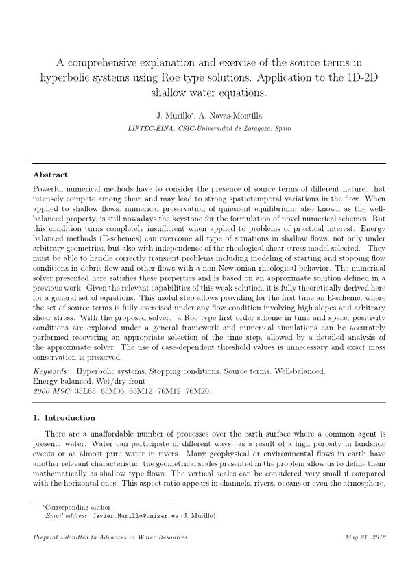A comprehensive explanation and exercise of the source terms in hyperbolic systems using Roe type solutions. Application to the 1D-2D shallow water equations