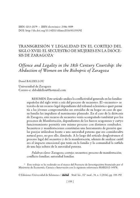 Transgresión y legalidad en el cortejo del siglo XVIII: el secuestro de mujeres en la diócesis de Zaragoza
