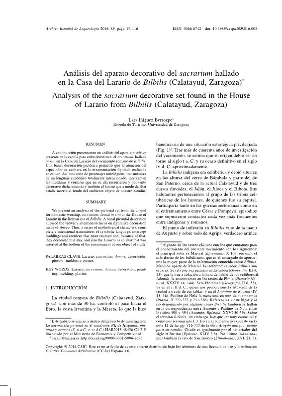 Análisis del aparato decorativo del sacrarium hallado en la Casa del Larario de Bilbilis (Calatayud, Zaragoza)