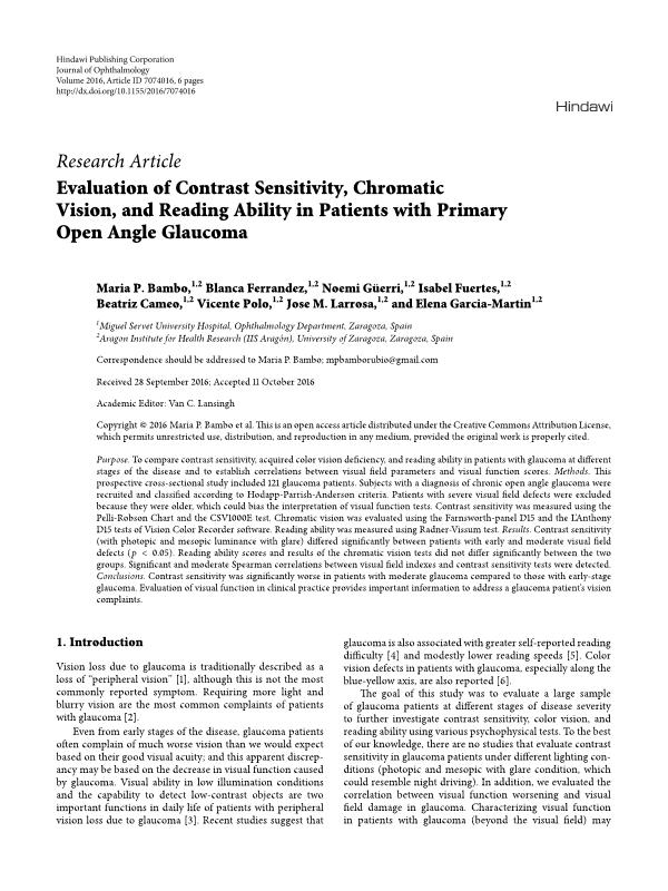 Evaluation of Contrast Sensitivity, Chromatic Vision, and Reading Ability in Patients with Primary Open Angle Glaucoma