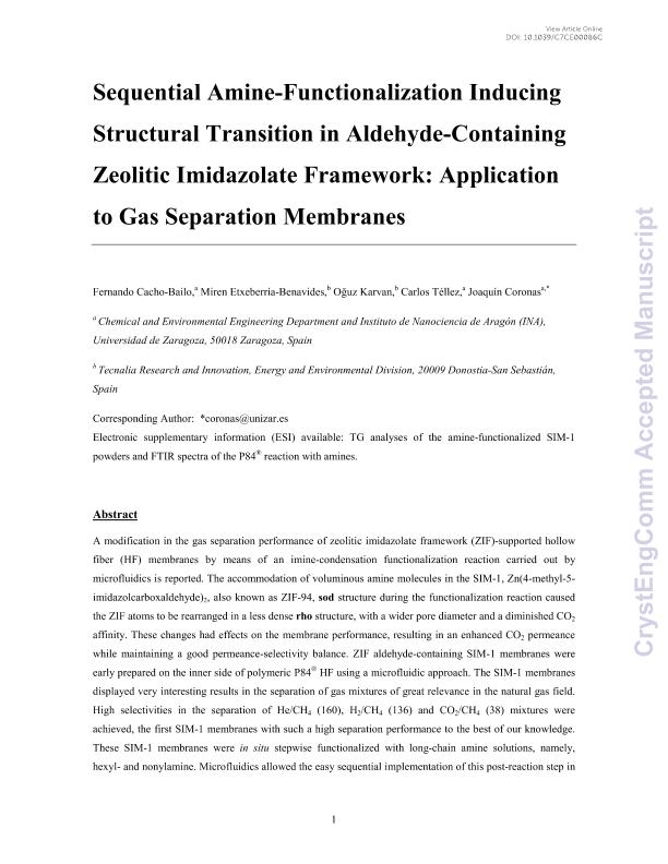 Sequential amine functionalization inducing structural transition in an aldehyde-containing zeolitic imidazolate framework: Application to gas separation membranes