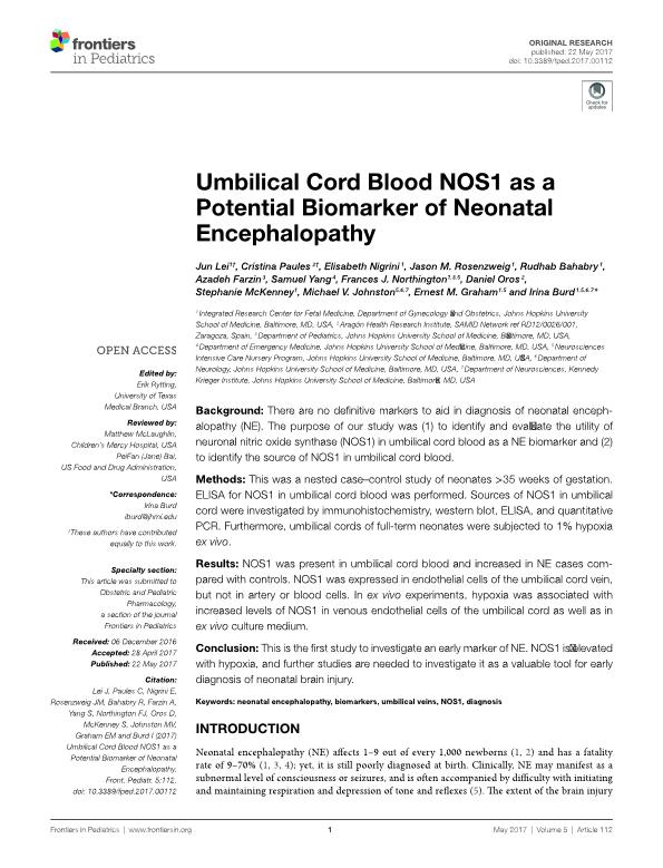 Umbilical cord blood NOS1 as a potential biomarker of neonatal encephalopathy