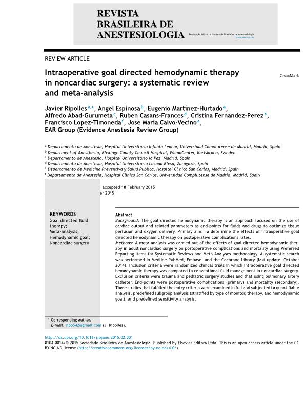 Intraoperative goal directed hemodynamic therapy in noncardiac surgery: a systematic review and meta-analysis