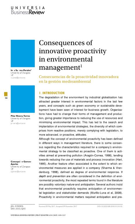 Consequences of innovative proactivity in environmental management [Consecuencias del Liderazgo Innovador en la Gestión Medioambiental]