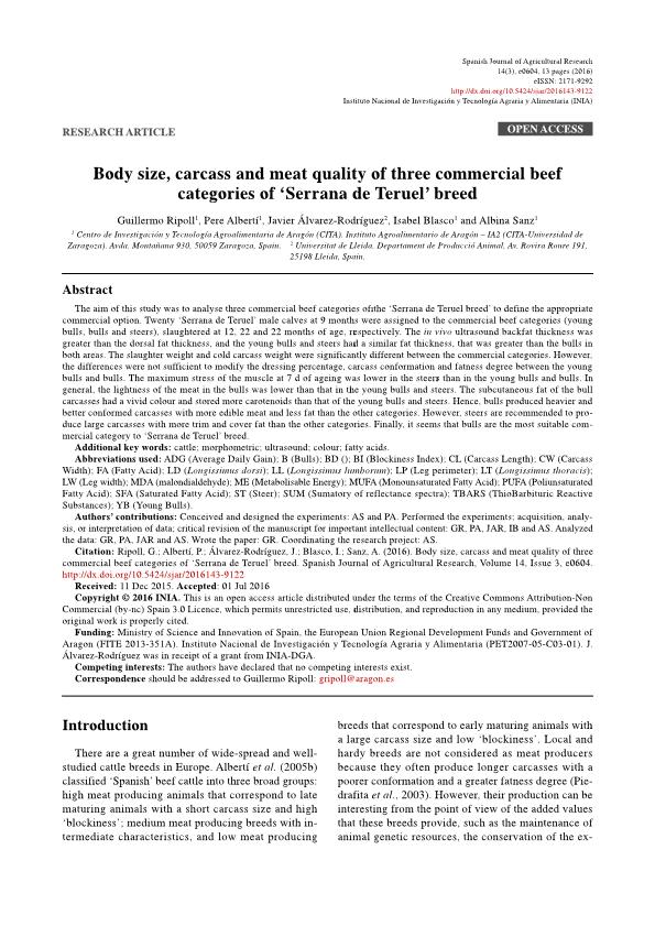 Body size, carcass and meat quality of three commercial beef categories of 'Serrana de Teruel' breed