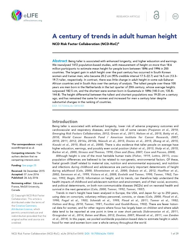 A century of trends in adult human height