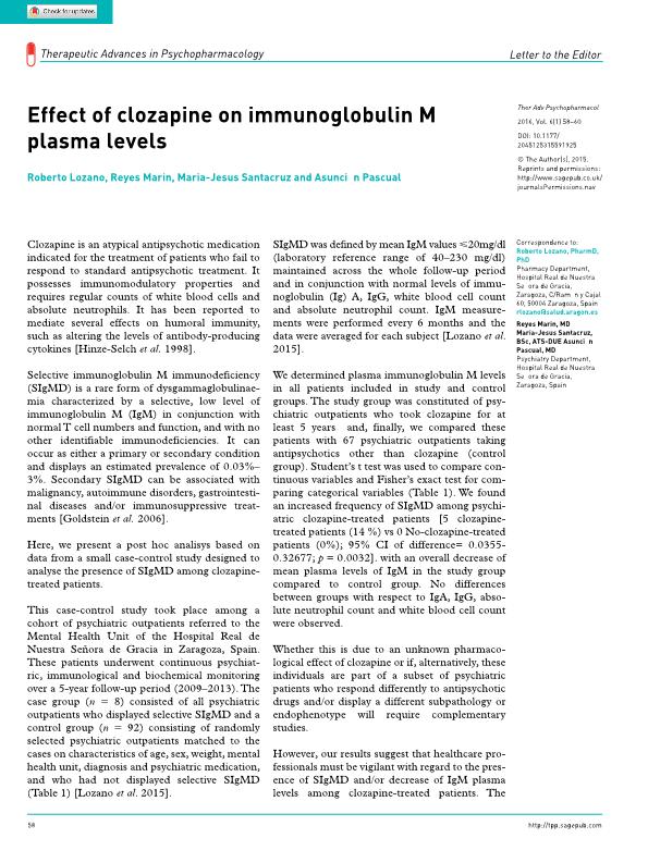 Effect of clozapine on immunoglobulin M plasma levels