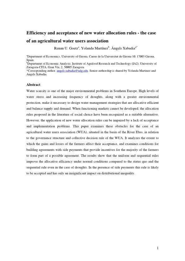 Efficiency and acceptance of new water allocation rules - The case of an agricultural water users association