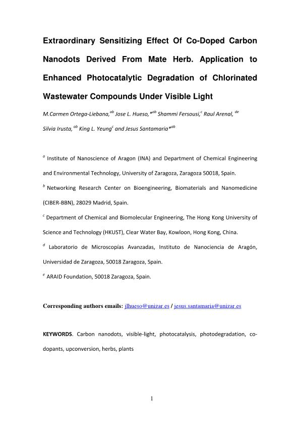 Extraordinary sensitizing effect of co-doped carbon nanodots derived from mate herb: application to enhanced photocatalytic degradation of chlorinated wastewater compounds under visible light