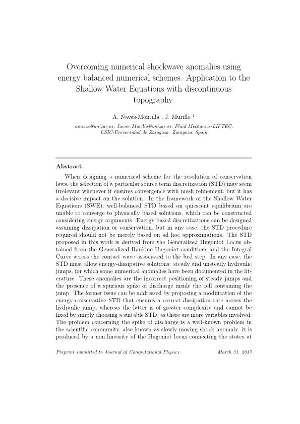 Overcoming numerical shockwave anomalies using energy balanced numerical schemes. Application to the Shallow Water Equations with discontinuous topography