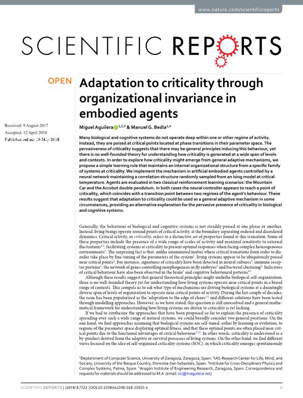 Adaptation to criticality through organizational invariance in embodied agents