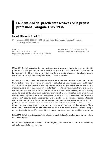 La identidad del practicante a través de la prensa profesional. Aragón, 1885-1936