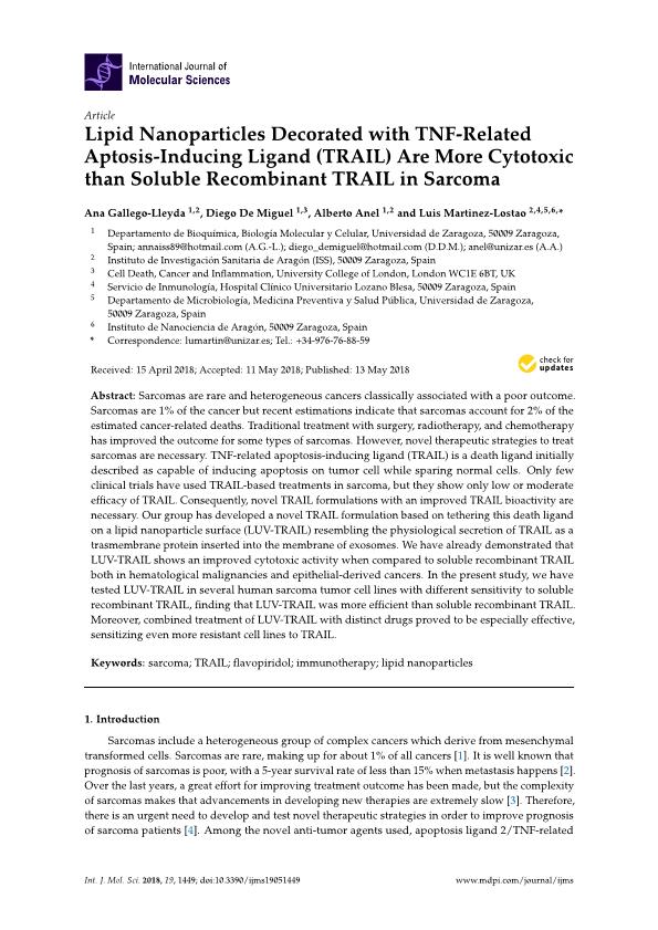 Lipid nanoparticles decorated with TNF-related aptosis-inducing ligand (TRAIL) are more cytotoxic than soluble recombinant TRAIL in sarcoma