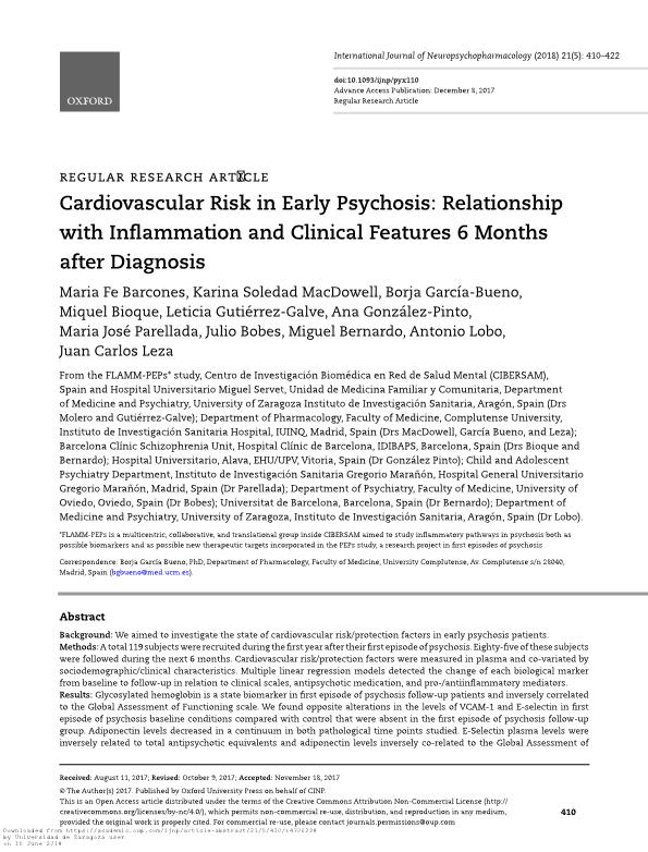 Cardiovascular Risk in Early Psychosis: Relationship with Inflammation and Clinical Features 6 Months after Diagnosis