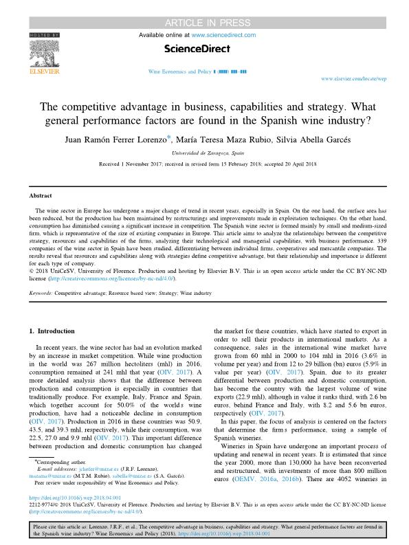 The competitive advantage in business, capabilities and strategy. What general performance factors are found in the Spanish wine industry?