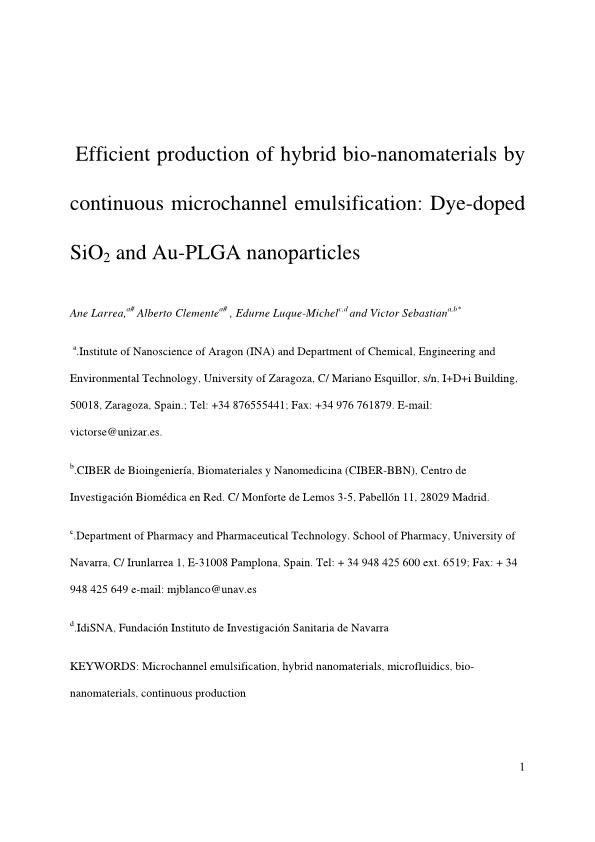 Efficient production of hybrid bio-nanomaterials by continuous microchannel emulsification: Dye-doped SiO2 and Au-PLGA nanoparticles