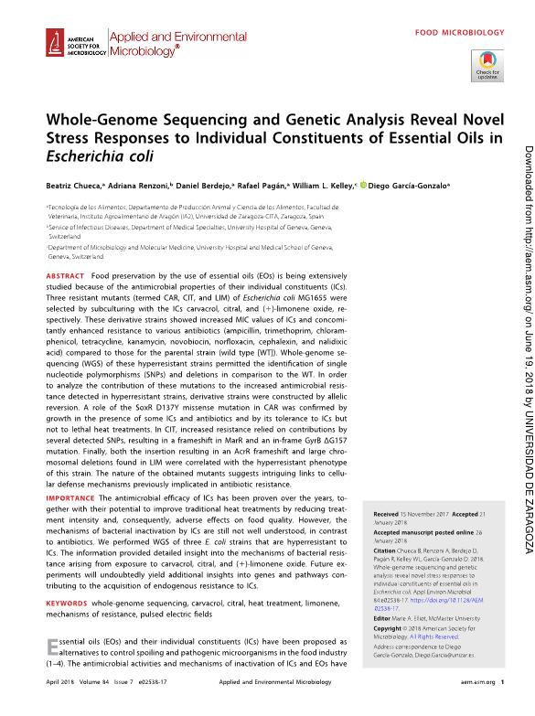 Whole-genome sequencing and genetic analysis reveal novel stress responses to individual constituents of essential oils in Escherichia coli