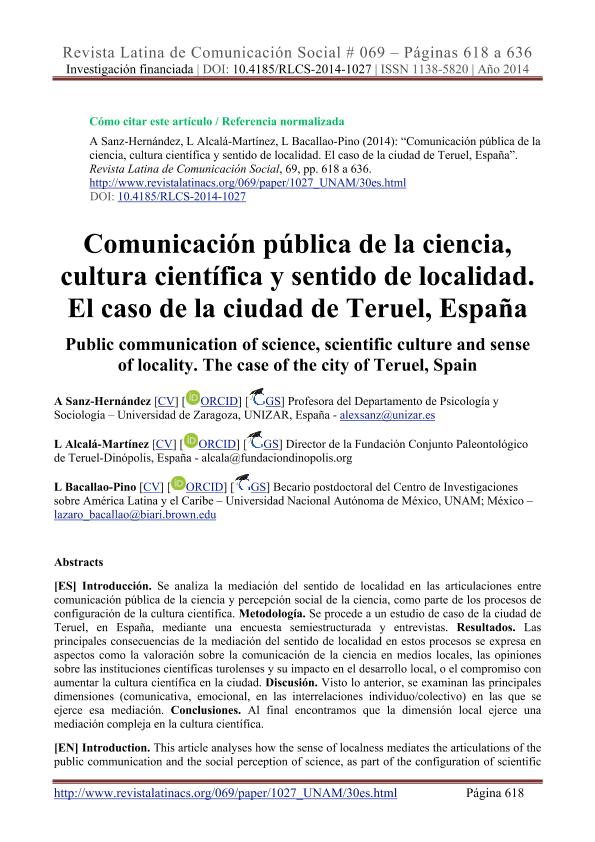 Comunicación pública de la ciencia, cultura científica y sentido de localidad. El caso de la ciudad de Teruel, España