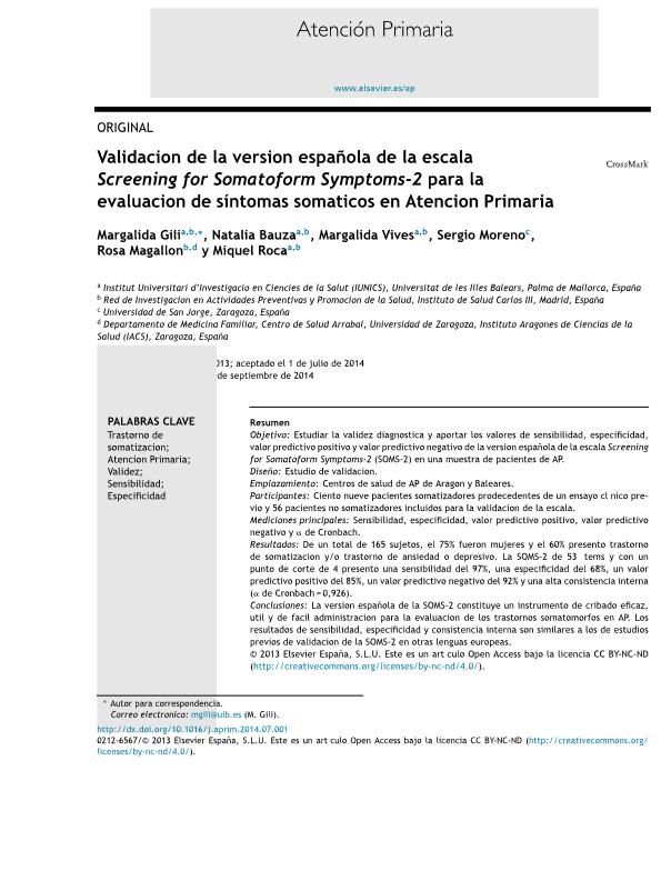 Validación de la versión española de la escala Screening for Somatoform Symptoms-2 para la evaluación de síntomas somáticos en Atención Primaria