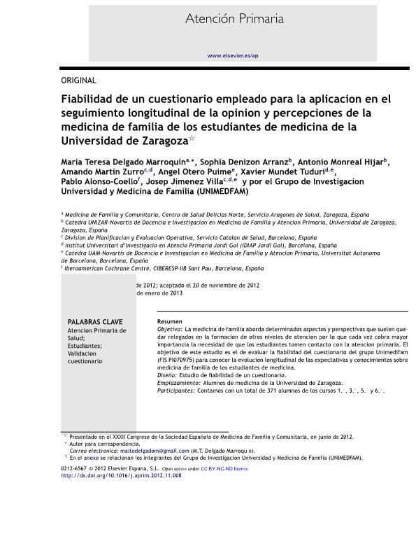 Fiabilidad de un cuestionario empleado para la aplicación en el seguimiento longitudinal de la opinión y percepciones de la medicina de familia de los estudiantes de medicina de la Universidad de Zaragoza