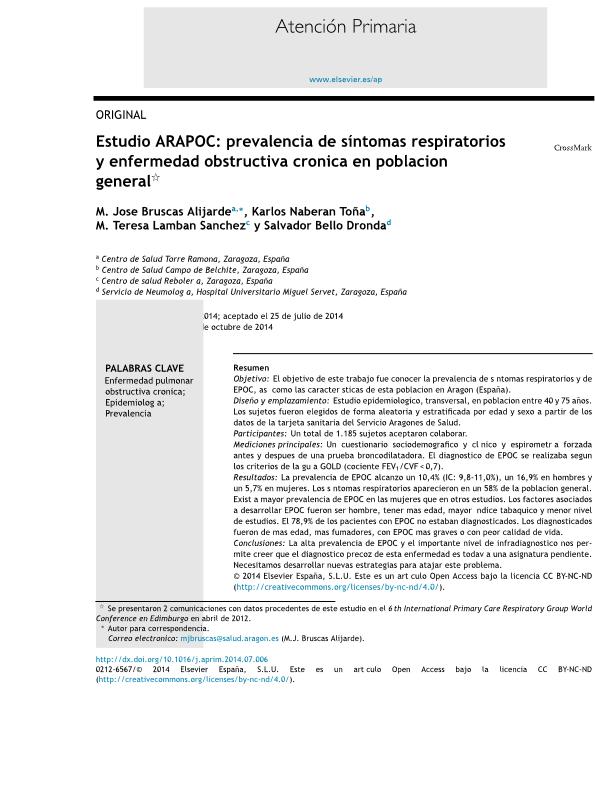 Estudio ARAPOC: prevalencia de síntomas respiratorios y enfermedad obstructiva crónica en población general