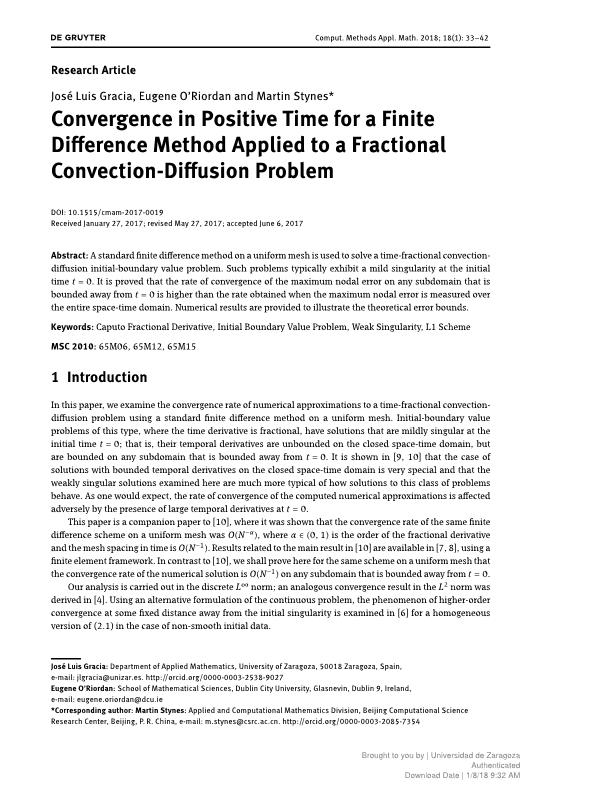 Convergence in positive time for a finite difference method applied to  a fractional convection-diffusion equation