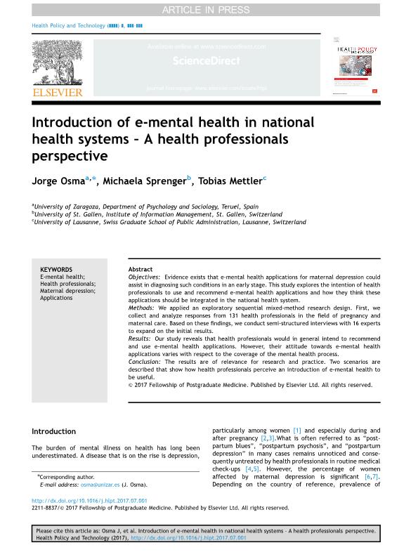 Introduction of e-mental health in national health systems- A health professionals’ perspective