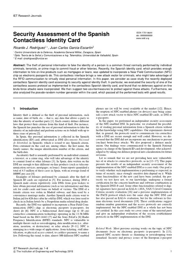 Security assessment of the Spanish contactless identity card