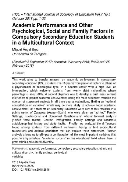 Academic Performance and other psychological, social and family factors in compulsory secondary education students in a multicultural context.