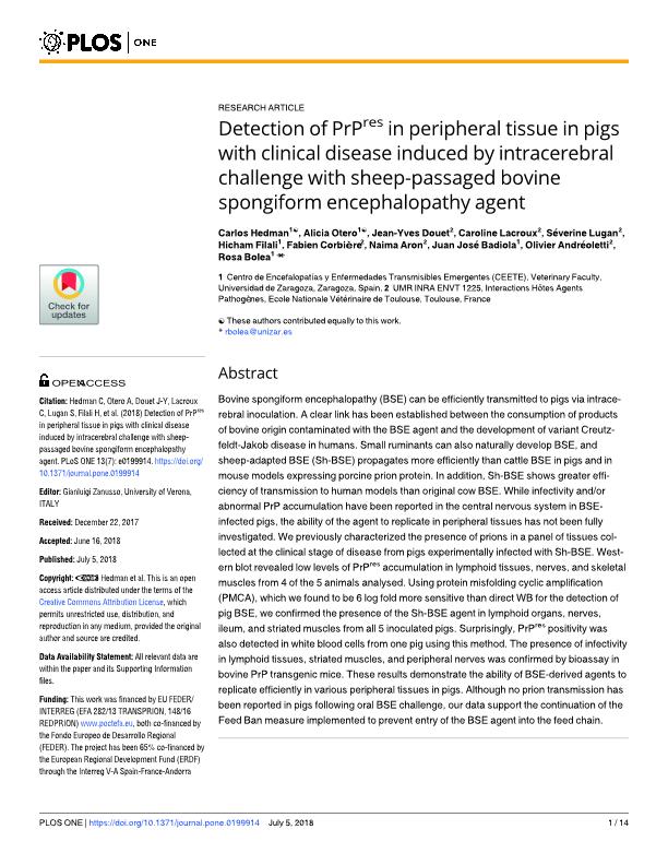 Detection of PrPres in peripheral tissue in pigs with clinical disease induced by intracerebral challenge with sheep-passaged bovine spongiform encephalopathy agent