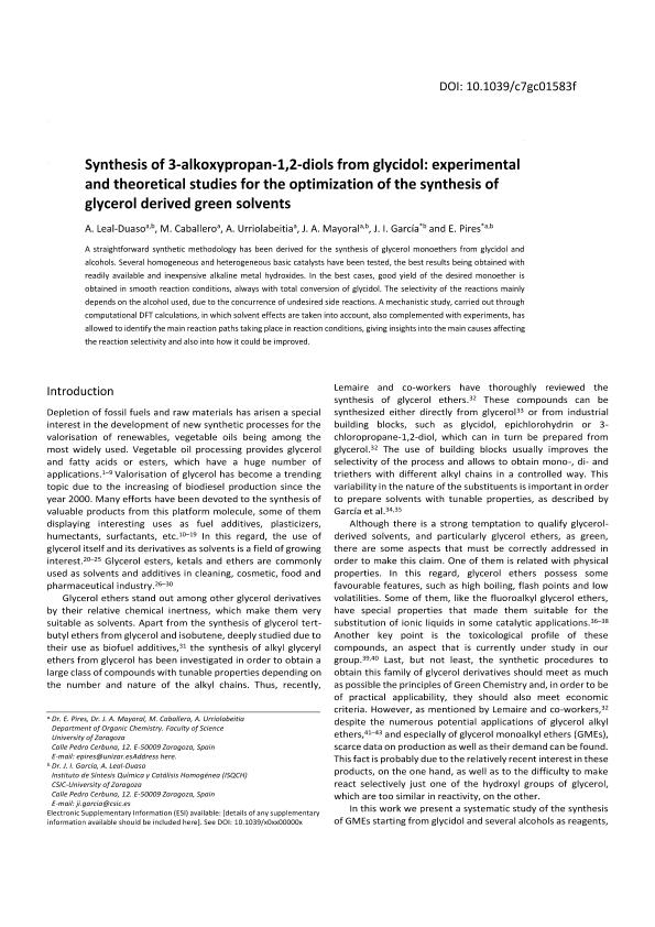 Synthesis of 3-alkoxypropan-1,2-diols from glycidol: experimental and theoretical studies for the optimization of the synthesis of glycerol derived solvents